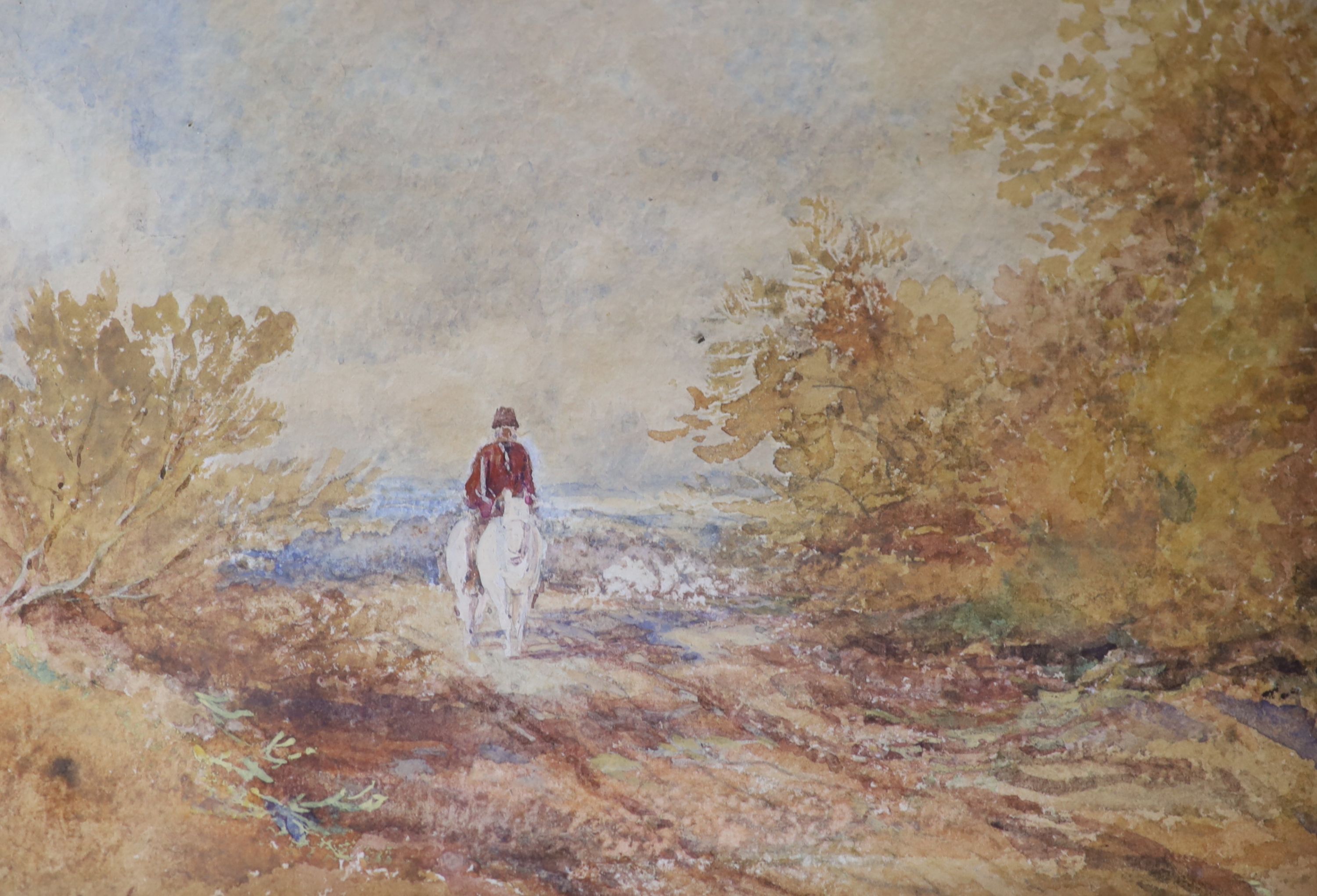 Iain Macnab (1890-1967), pencil sketch, 'The Model', a small Victorian silkwork panel and a watercolour of a horseman in a landscape